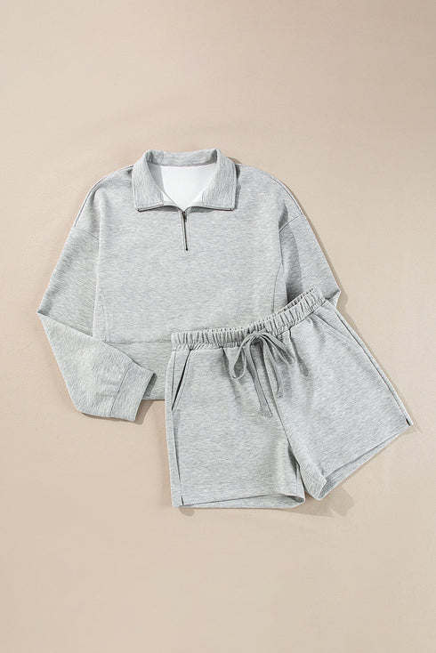 Solid Stand Neck Zipped Sweatshirt Casual Short Sets