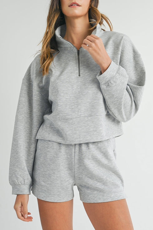 Solid Stand Neck Zipped Sweatshirt Casual Short Sets