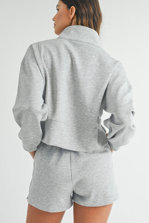 Solid Stand Neck Zipped Sweatshirt Casual Short Sets