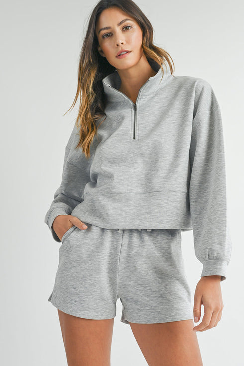 Solid Stand Neck Zipped Sweatshirt Casual Short Sets
