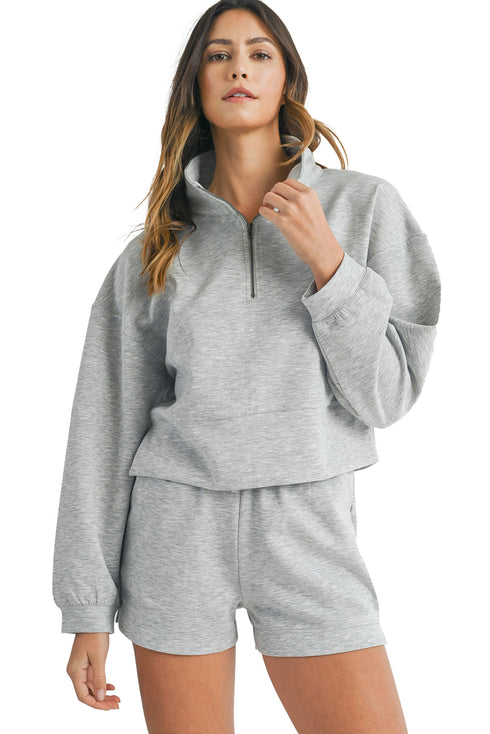 Solid Stand Neck Zipped Sweatshirt Casual Short Sets