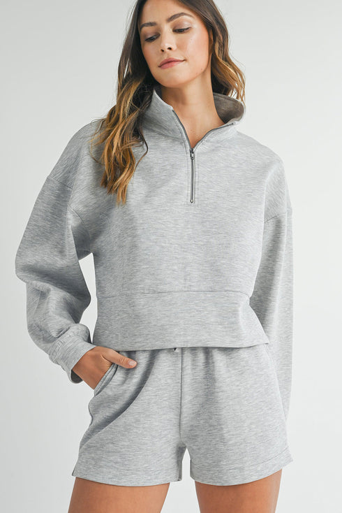 Solid Stand Neck Zipped Sweatshirt Casual Short Sets