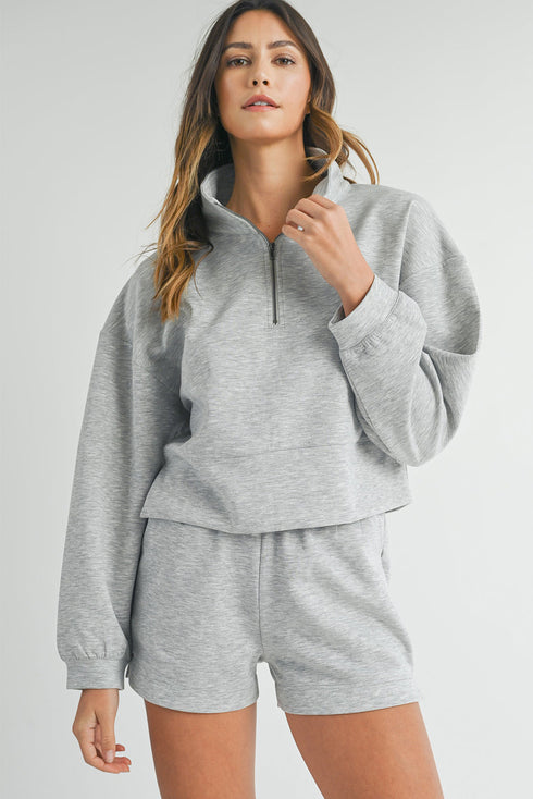 Solid Stand Neck Zipped Sweatshirt Casual Short Sets