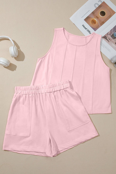 Solid Stitched Detail Loose Tank Top Short Set