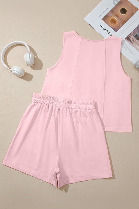 Solid Stitched Detail Loose Tank Top Short Set