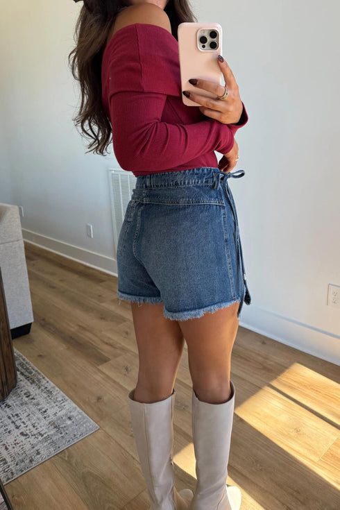 Solid Stretch Denim Wrap Tied Waist Skort