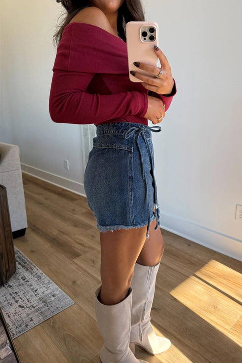 Solid Stretch Denim Wrap Tied Waist Skort