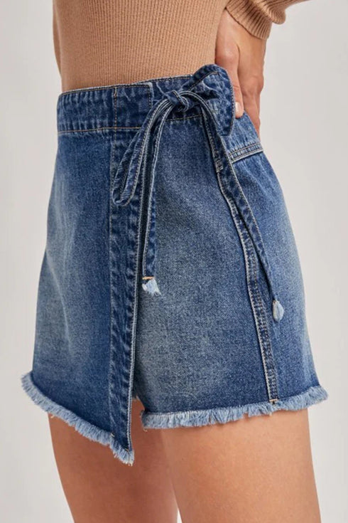Solid Stretch Denim Wrap Tied Waist Skort