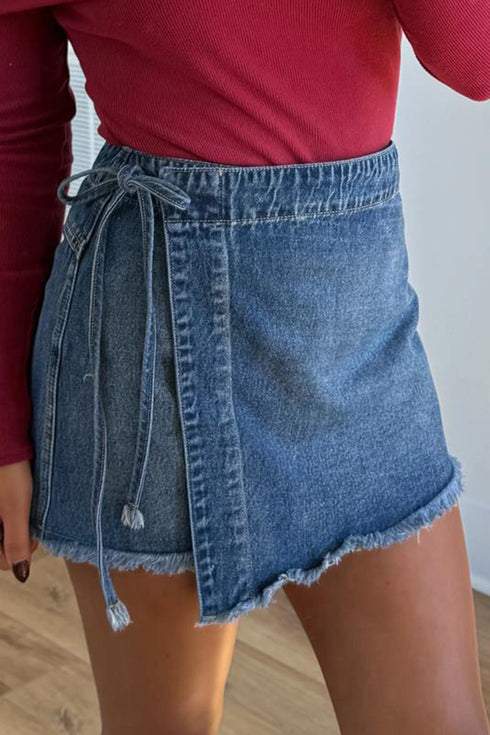 Solid Stretch Denim Wrap Tied Waist Skort