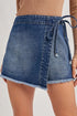 Solid Stretch Denim Wrap Tied Waist Skort