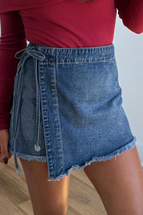 Solid Stretch Denim Wrap Tied Waist Skort