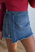 Solid Stretch Denim Wrap Tied Waist Skort