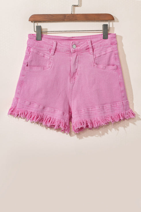 Solid Stretchy Frayed Edge Mid Rise Denim Shorts