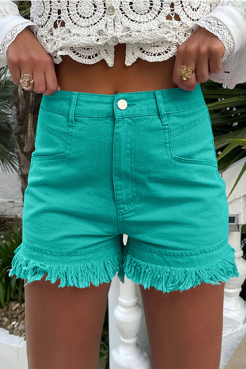 Solid Stretchy Frayed Edge Mid Rise Denim Shorts