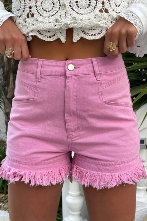 Solid Stretchy Frayed Edge Mid Rise Denim Shorts