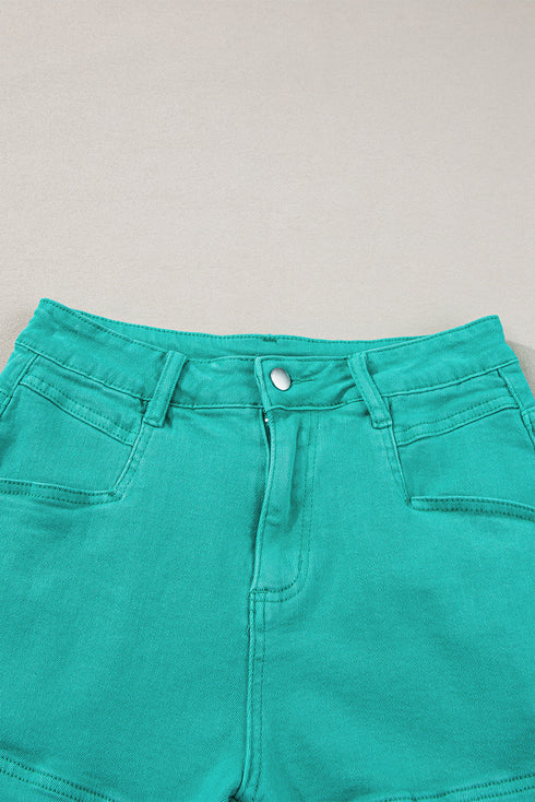 Solid Stretchy Frayed Edge Mid Rise Denim Shorts