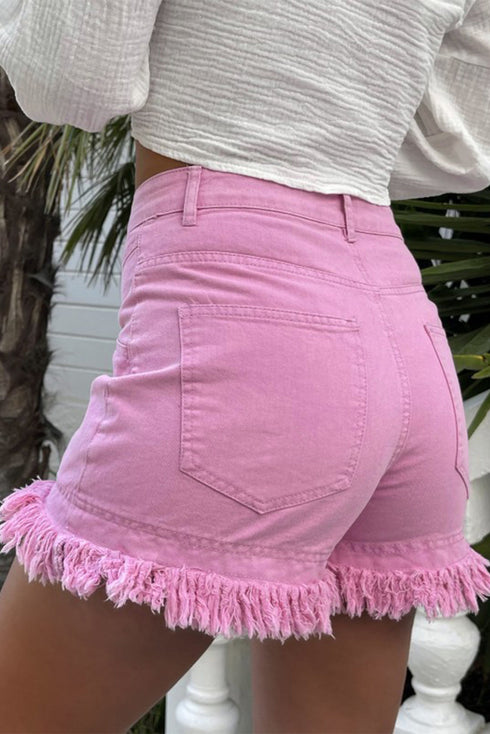 Solid Stretchy Frayed Edge Mid Rise Denim Shorts