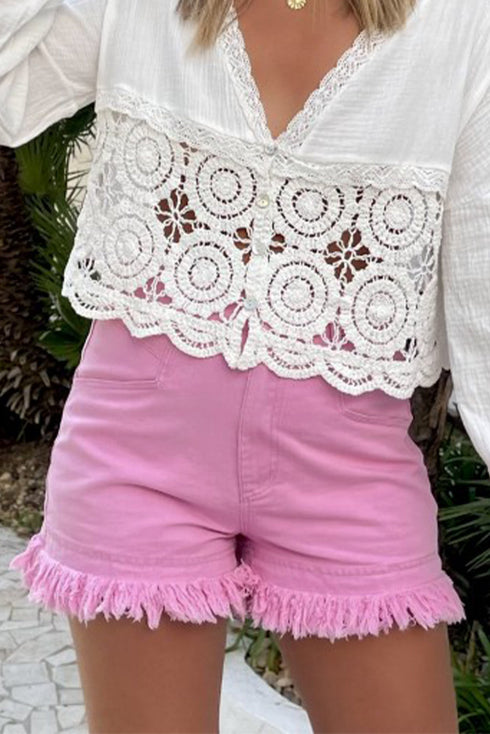Solid Stretchy Frayed Edge Mid Rise Denim Shorts