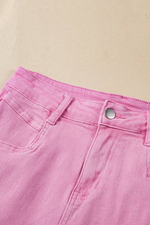 Solid Stretchy Frayed Edge Mid Rise Denim Shorts