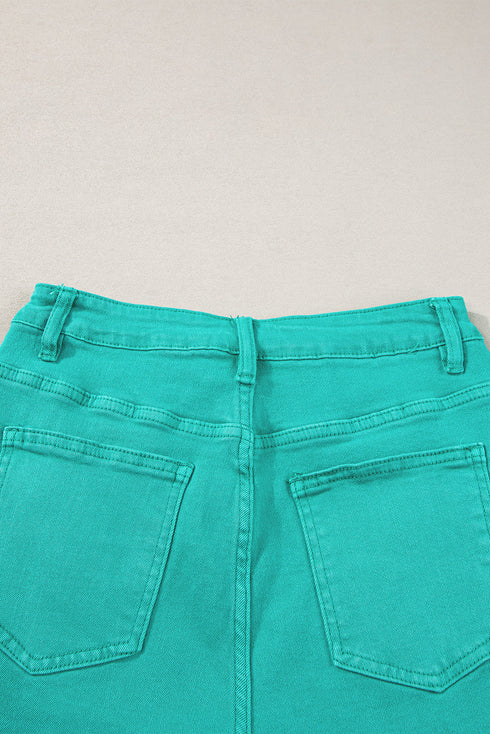 Solid Stretchy Frayed Edge Mid Rise Denim Shorts