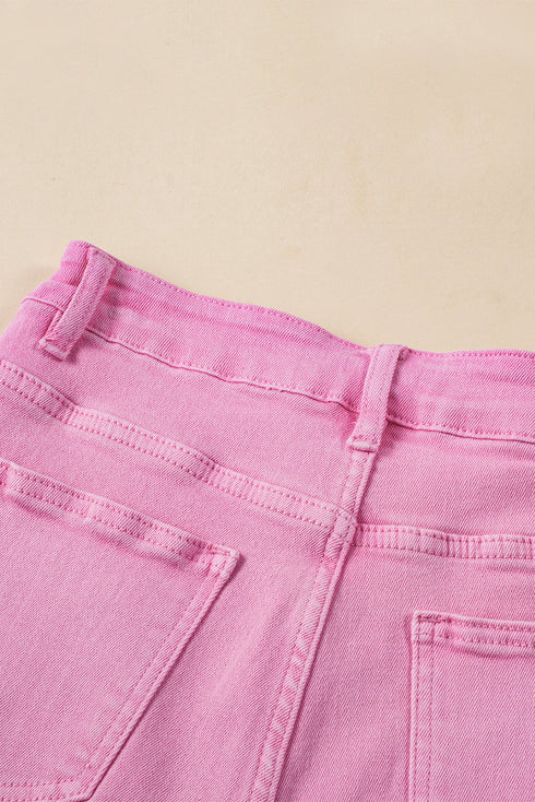 Solid Stretchy Frayed Edge Mid Rise Denim Shorts