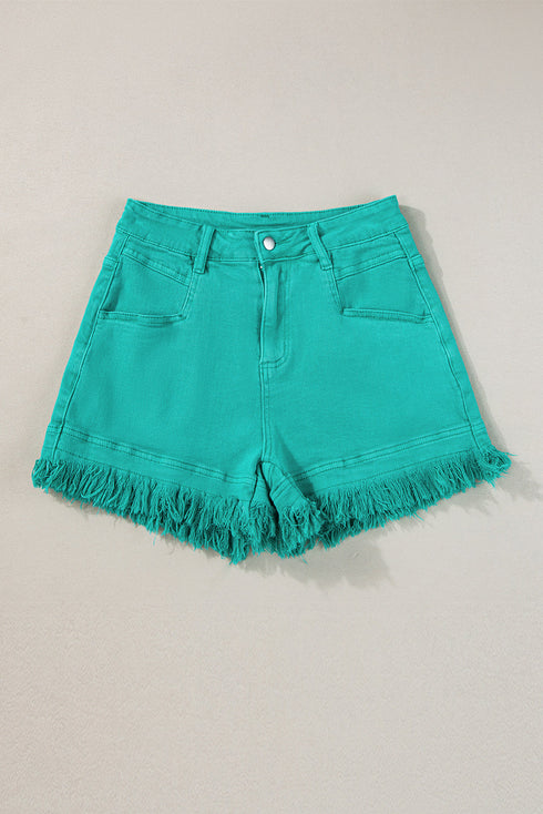 Solid Stretchy Frayed Edge Mid Rise Denim Shorts