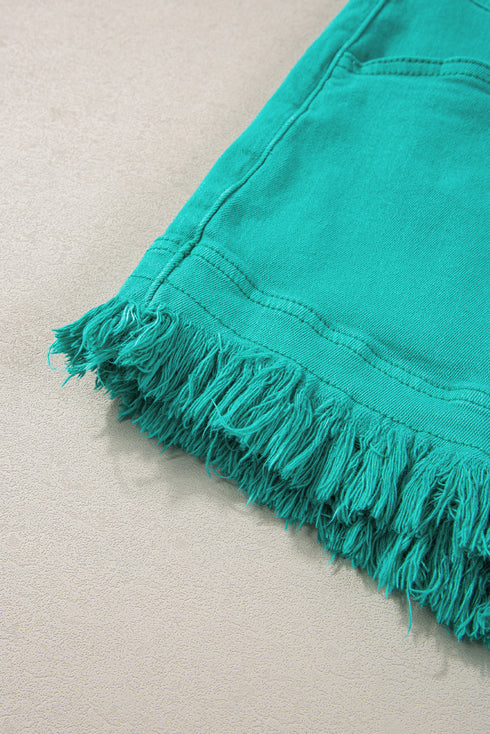 Solid Stretchy Frayed Edge Mid Rise Denim Shorts