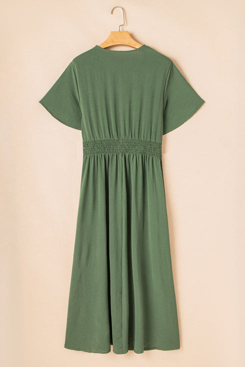 Solid Surplice Neckline Smocked High Waist Maxi Dress