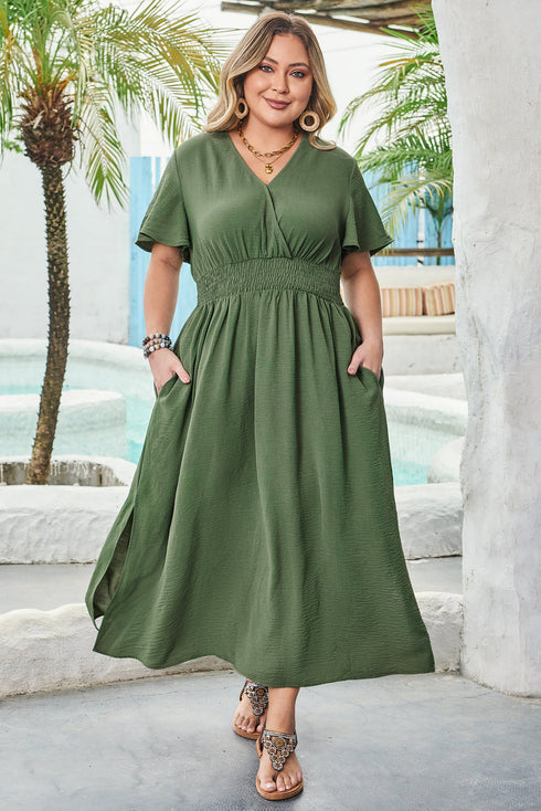 Solid Surplice Neckline Smocked High Waist Maxi Dress