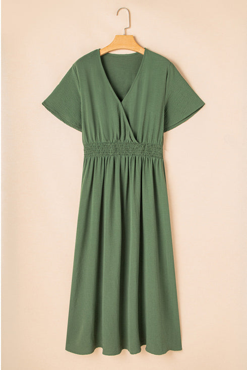 Solid Surplice Neckline Smocked High Waist Maxi Dress