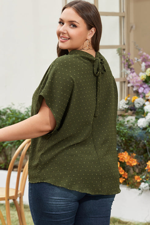 Solid Swiss Dot Mock Neck Tied Nape Blouse