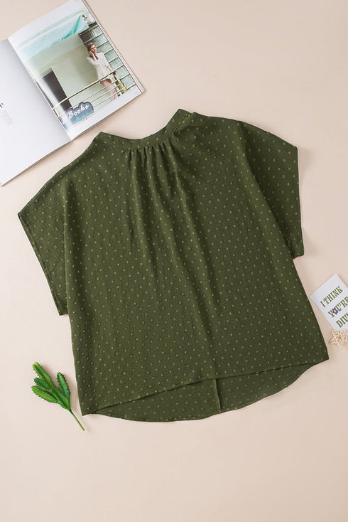 Solid Swiss Dot Mock Neck Tied Nape Blouse