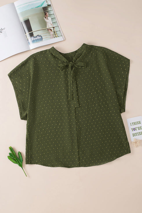 Solid Swiss Dot Mock Neck Tied Nape Blouse