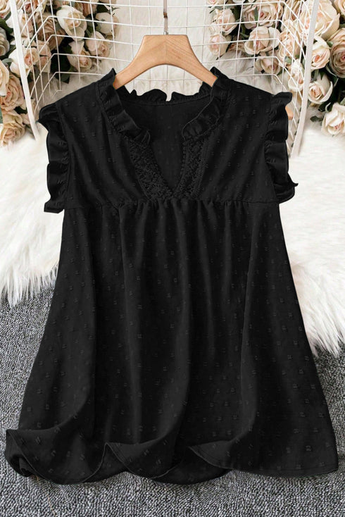 Solid Swiss Dot Ruffle Lace Trim V Neck Tank Top