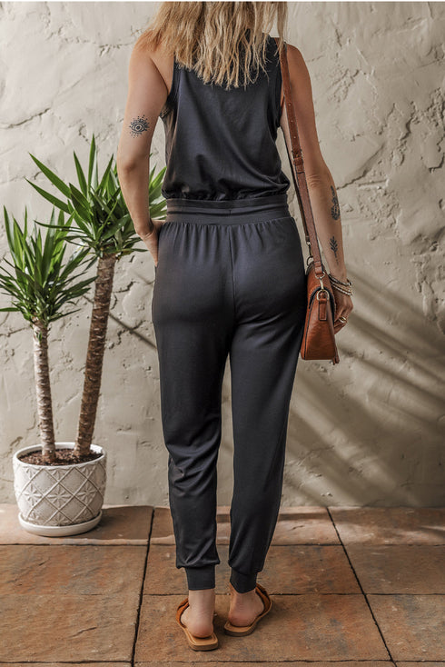 Solid Tank Style Tie Waist Pocketed Jogger Jumpsuit