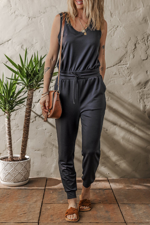Solid Tank Style Tie Waist Pocketed Jogger Jumpsuit