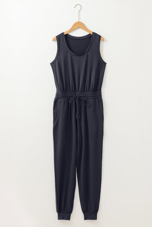 Solid Tank Style Tie Waist Pocketed Jogger Jumpsuit