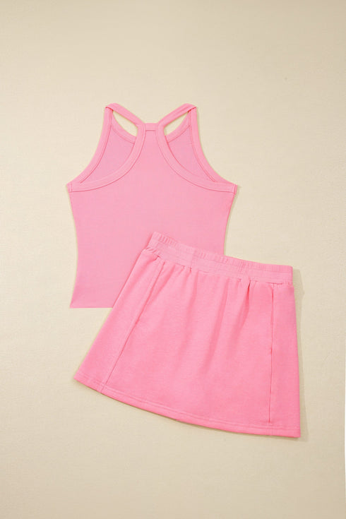 Solid Tank Top Elastic Waist Mini Skort Two Piece Dress