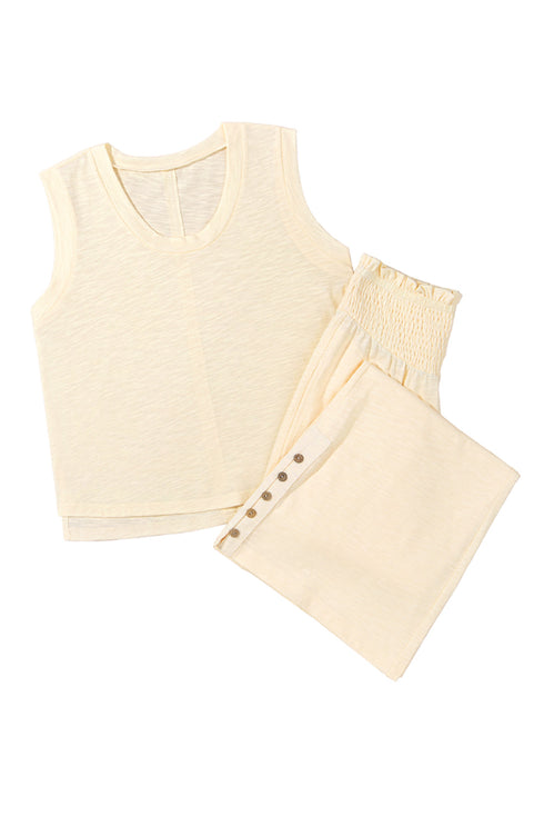 Solid Tank Top Smocked Waist Wide Leg Pant Set