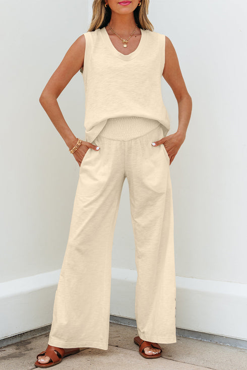 Solid Tank Top Smocked Waist Wide Leg Pant Set