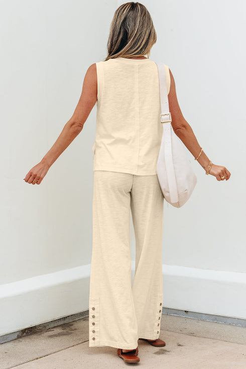 Solid Tank Top Smocked Waist Wide Leg Pant Set