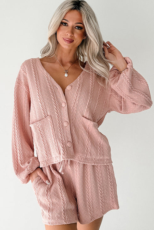 Solid Textured Cable Knit V Neck Cardigan Short Set