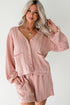 Solid Textured Cable Knit V Neck Cardigan Short Set