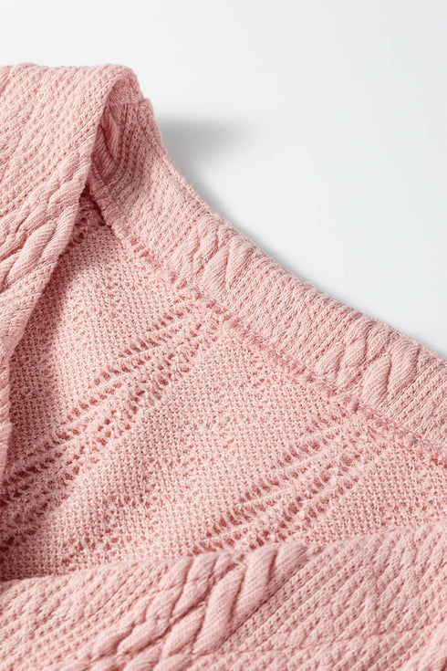 Solid Textured Cable Knit V Neck Cardigan Short Set