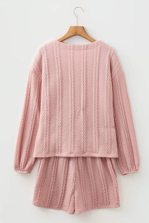 Solid Textured Cable Knit V Neck Cardigan Short Set