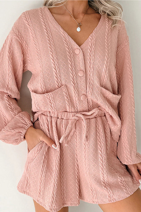 Solid Textured Cable Knit V Neck Cardigan Short Set