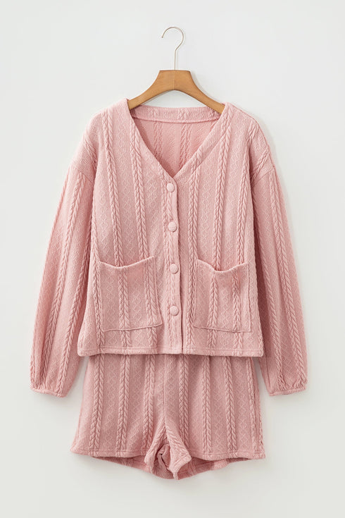 Solid Textured Cable Knit V Neck Cardigan Short Set