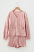 Solid Textured Cable Knit V Neck Cardigan Short Set