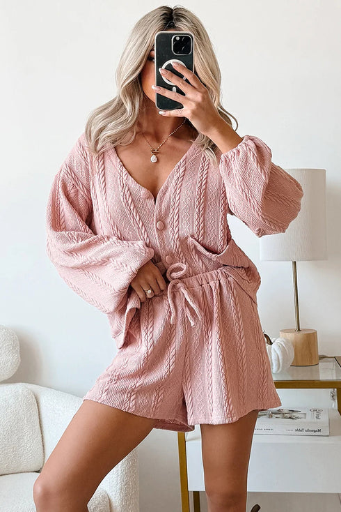 Solid Textured Cable Knit V Neck Cardigan Short Set
