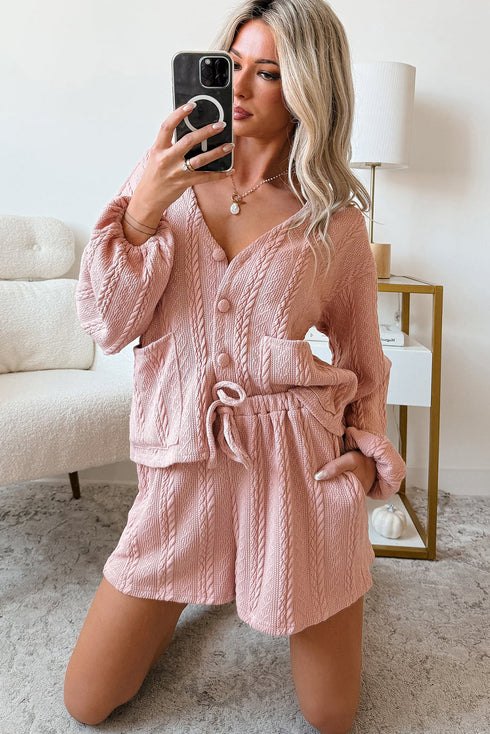 Solid Textured Cable Knit V Neck Cardigan Short Set